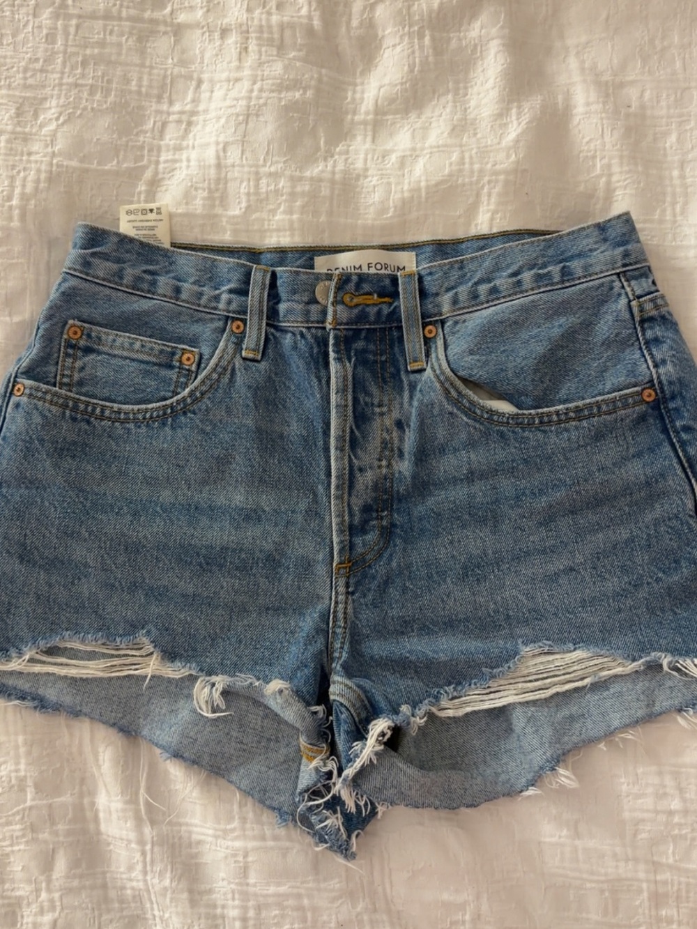 Aritzia Denim Forum High-Rise Distressed Blue Denim Shorts